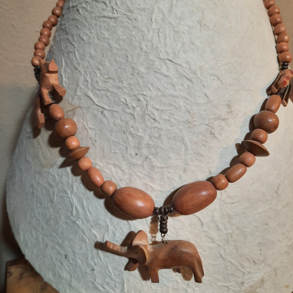 Wood necklace carved jungle animals tribal Africa